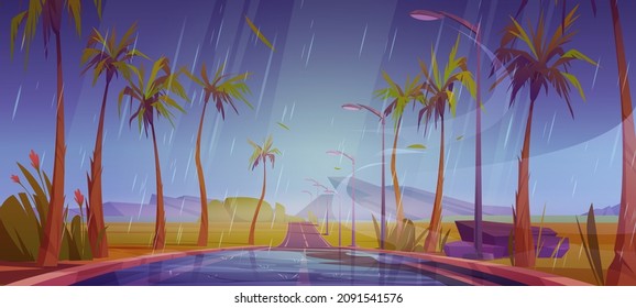 Rainy landscape road with palm trees by sides going into the distance perspective view. Rain, beautiful tropical nature with empty wet highway, dull sky and rocks in far, Cartoon vector illustration