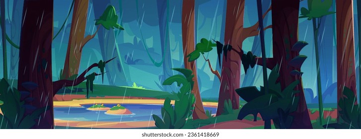 Rainy landscape with water lake in forest - cartoon vector illustration of green trees and grass on banks of pond during bad wet weather. countryside scene of rain falling in park or woodland.