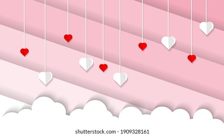 rainy love valentine day with heart and clouds background vector, pastel pink color paper cut style illustration