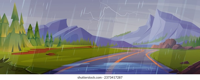 Rainy mountain landscape with winding asphalt road and forest on sides. Cartoon vector background with puddles on highway, woods and hills under cloudy storm sky with lightning. Wet thunder weather.