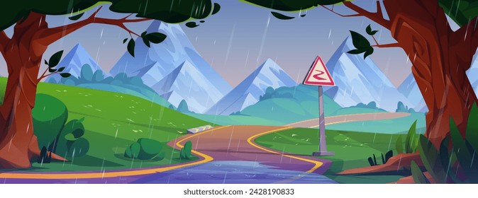 Rainy mountain landscape with winding road. Vector cartoon illustration of curvy serpentine highway with puddles and warning sign, old trees, green bushes and grass, rainfall pouring from cloudy sky