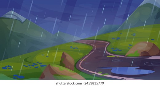 Rainy Mountain Road Szene und Wasser Pfütze Cartoon Landschaft. Außerhalb Sturm Wetter im Sommer Ausflug mit gewundener Pfad Perspektive. Leeres Panorama mit nassem Hügelweg im abendlichen Banner-Design