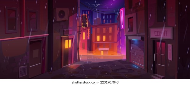 Rainy night in big city. Cartoon vector illustration of cityscape with heavy rainfall and lightning in dark sky, closed cafe in empty backstreet, buildings with illuminated windows. Stormy weather