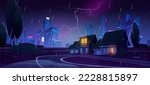 Rainy night in city suburb. Cartoon vector illustration of town street with small houses and trees, rainfall and neon lightning glowing in dark sky, megalopolis architecture silhouettes on background