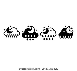 rainy night cloud weather icons symbol vector design simple flat illustration black white color collection set