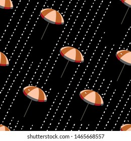 Rainy night of colorful umbrellas and rain drops seamless pattern design fashion, fabric, background, wrapping paper, surface . Rainy season repeatable motif on black