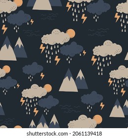 Rainy night kids vector seamless repeat pattern.