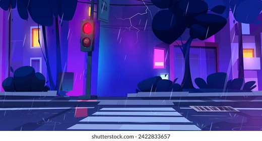 Rainy night in modern city street with pedestrian crossing. Vector cartoon illustration of dark urban neighborhood, red traffic light and bus stop sign on wet road, neon illumination, lightning in sky
