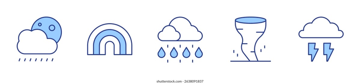 rainy night, rain, thunder, rainbow, tornado. Weather forecast Icon vector illustration. Line Duotone style. Editable stroke.