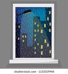 Rainy night scene. Cartoon window view. Cityscape, late evening, street light, grey, night sky, rainy drops, windowpane. Eps 10 vector illustration.