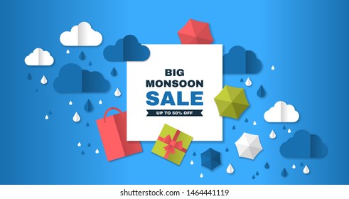 rainy offer. Creative Sale Banner with Colorful cloud, umbrella, gift box and package. white frame with 3d paper cut icon decoration. web banner for special Monsoon Season sale