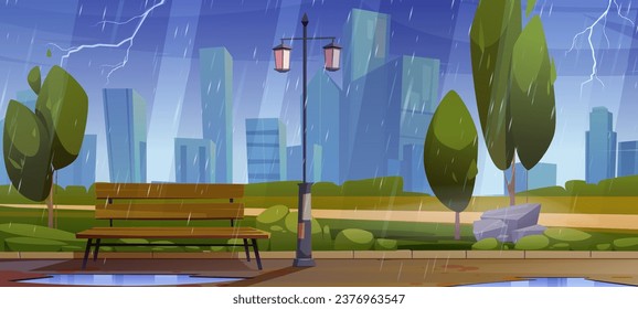 Rainy park with gloomy cityscape background. Vector cartoon illustration of public garden landscape with bench, lantern and trees, water puddle on alley, lightning in sky above modern urban buildings