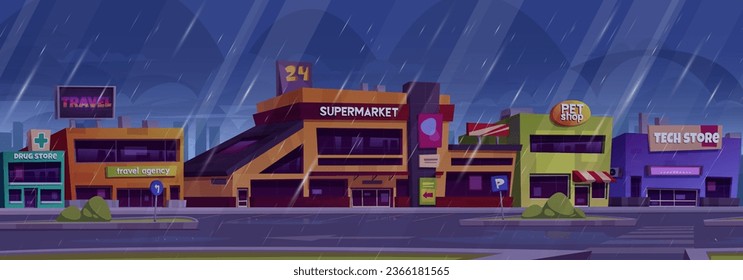 Rainy parking with autos outside supermarket. Vector cartoon illustration of large shopping mall building, drugstore, travel agency, tech store, pet shop, cafe entrances, parked autos, water puddles