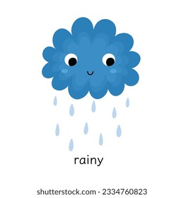 Rainy print with a cute cloud character for kids. Educational weather flash card in cartoon style. Great for school and preschool. Vector illustration