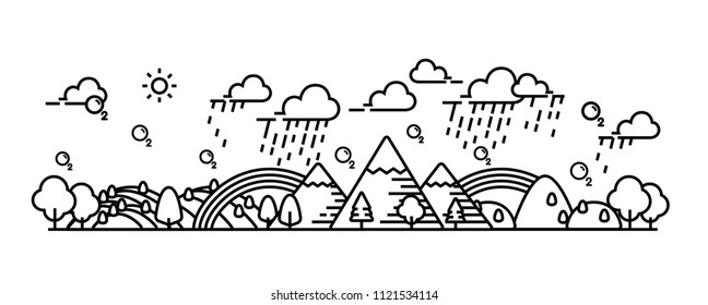 Rainy and rainbow landscape panorama view vector illustration. 