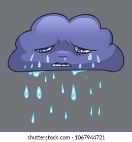 Rainy sad cloud. Cartoon vector illustration of dark crying cloud 