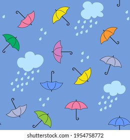 Rainy seamless pattern with multicolored umbrellas, clouds and raindrops on blue background. Cute cartoon design for kids wallpaper or fabric print.