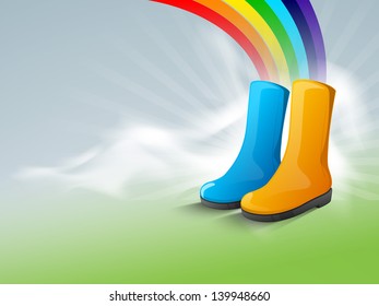 Rainy season background with boots and rainbow.