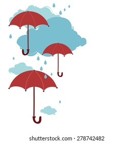 Rainy season background with clouds and umbrellas.