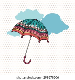 Rainy season background with clouds and umbrellas.