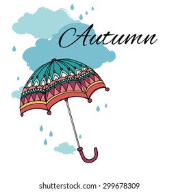 Rainy season background with clouds and umbrellas.
