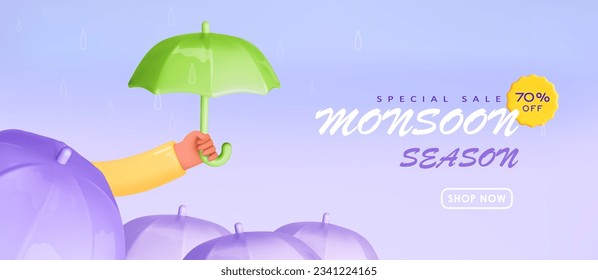 Rainy season background. Monsoon banner sale with hand holding color umbrella, drops of rain on blue sky. Vector illustration in cartoon 3d style