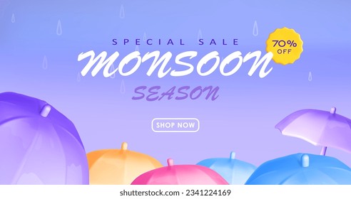 Rainy season background. Monsoon banner sale with 3d colorful umbrellas and drops of rain. Vector illustration in cartoon 3d style