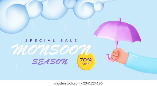 Rainy season background. Monsoon banner sale with hand holding color umbrella, clouds, drops of rain on blue sky. Vector illustration in cartoon 3d style