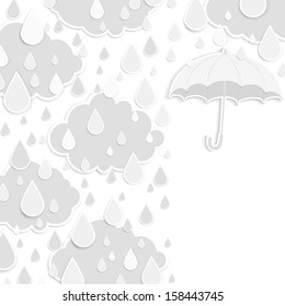 Rainy season background with raindrops and clouds.
