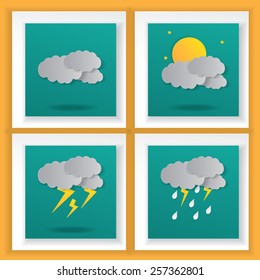 Rainy season background with raindrops and clouds.