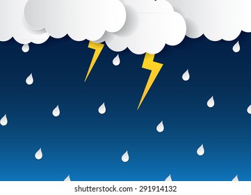 Rainy season background with raindrops and clouds.