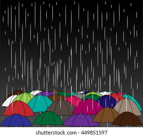 Rainy season background with raindrops and umbrellas