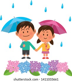 Rainy season. A boy and a girl and a hydrangea holding a umbrella in the rain