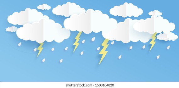 Rainy season, cloud and rain. Weather poster , thunder rainy weather art.  Monsoon sale banner .paper cut and craft style. 