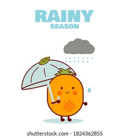 Rainy season. Cute pineapple style. Open an umbrella in a rainy day. Illustration vector.