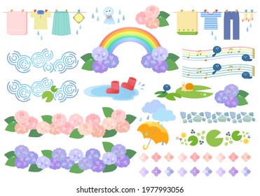 Rainy season decoration line material and one-point illustration set