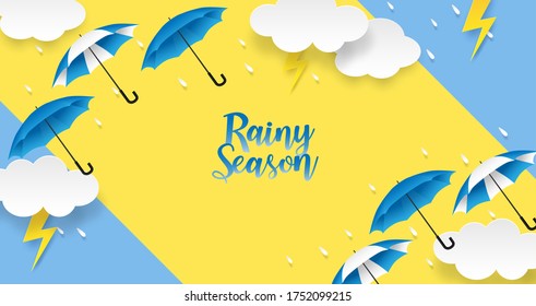 Rainy season. design with raining drops, umbrella and clouds on blue background. vector.