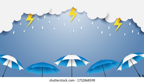 Rainy season. design with raining drops, umbrella and clouds on blue background. vector.