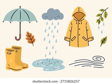 Rainy season elements in flat hand-drawn style for weather and seasonal themes. Ideal for autumn visuals, cozy illustrations, education materials, and lifestyle designs.