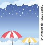 Rainy Season Frame Layout. Rain drop details with umbrella and cloudy background. Vector illustration isolated.