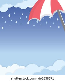 Rainy Season Frame Layout. Rain drop details with umbrella and cloudy background. Vector illustration isolated.