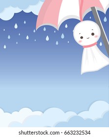 Rainy Season Frame Layout. Rain drop details with smiling chasing rain doll, umbrella and cloudy background. Vector illustration isolated.