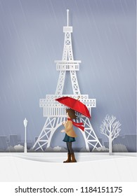 
rainy season with the girl open  red an umbrella, paper art and craft style.