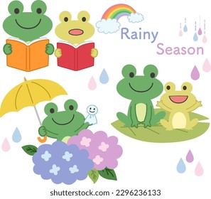 Rainy season, hydrangea, cute frog illustration material set