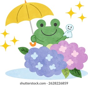 Rainy season hydrangea and frog icon illustration