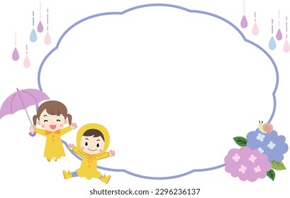 Rainy season Hydrangea Illustration balloon frame material of a child wearing an umbrella and a lei coat