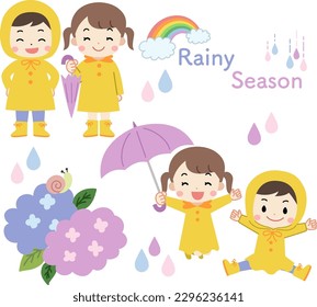 Rainy season Hydrangea Illustration material set of a child wearing a raincoat