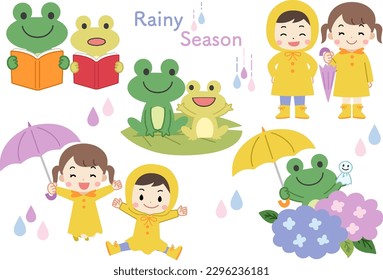 Rainy season Hydrangea Illustration material set of children and frogs wearing raincoats