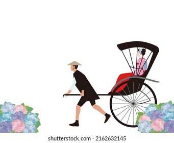 temporada de lluvias Hydrangea, rickshaw y mujer en kimono. Ilustración de estilo japonés