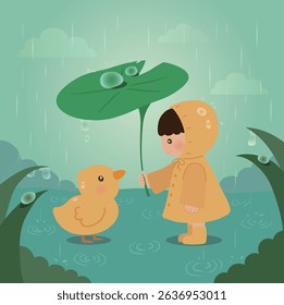 Rainy season illustration of a child in a yellow raincoat covering a chick with an umbrella of leaves